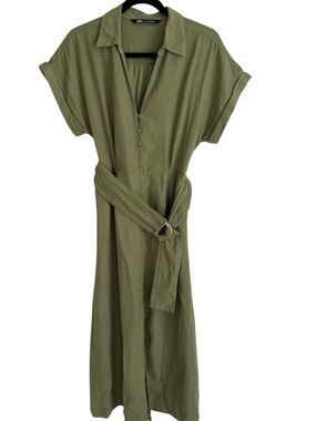 Zara Olive Green Linen Shirt Dress with Tie Belt